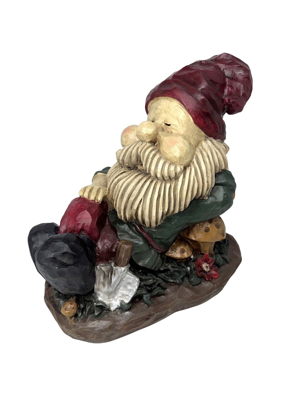 Sleeping Garden Gnome On Mushrooms 9"x9" Statue Figurine Carved Folk Art